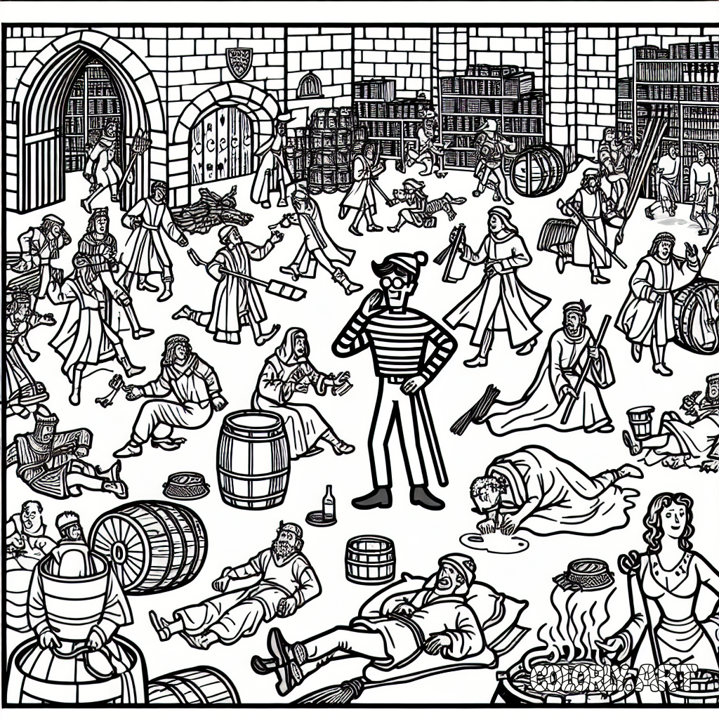 Wheres waldo inspired image medieval castle with aColoring Book Page Coloring Scene Image Colorly.art 